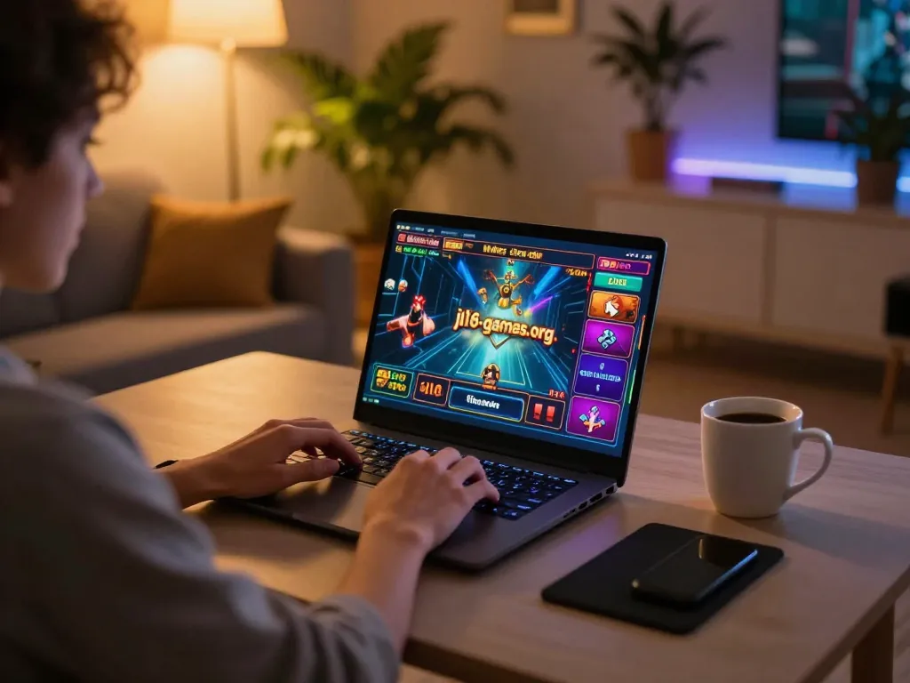 Playing online games at https://jl16-games.org/ with a laptop in a cozy home setting.