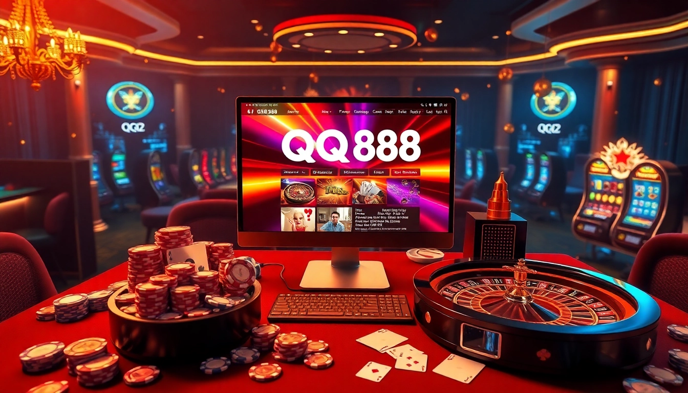 Experience the thrill of QQ88 online gaming with a vibrant casino scene featuring poker chips and roulette wheels.