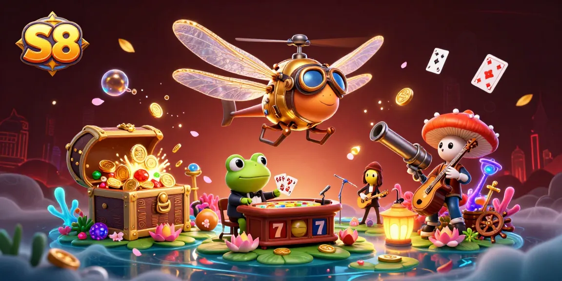 S8 Casino offers players dynamic gaming with colorful characters amid slot reels and treasure