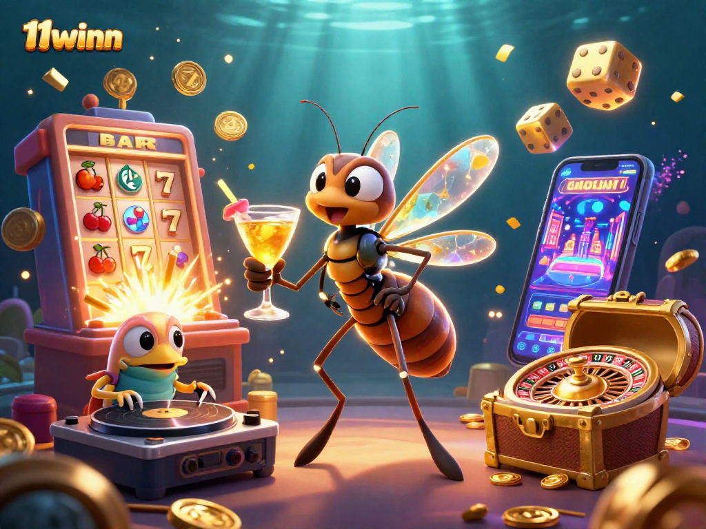 Experience the thrill of winning at 11winn with exciting games and golden treasures in this vibrant illustration.