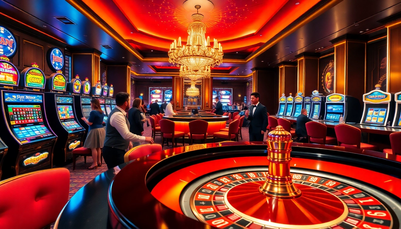 Action-packed scene at a sunwin-themed casino with players enjoying roulette and slot machines.
