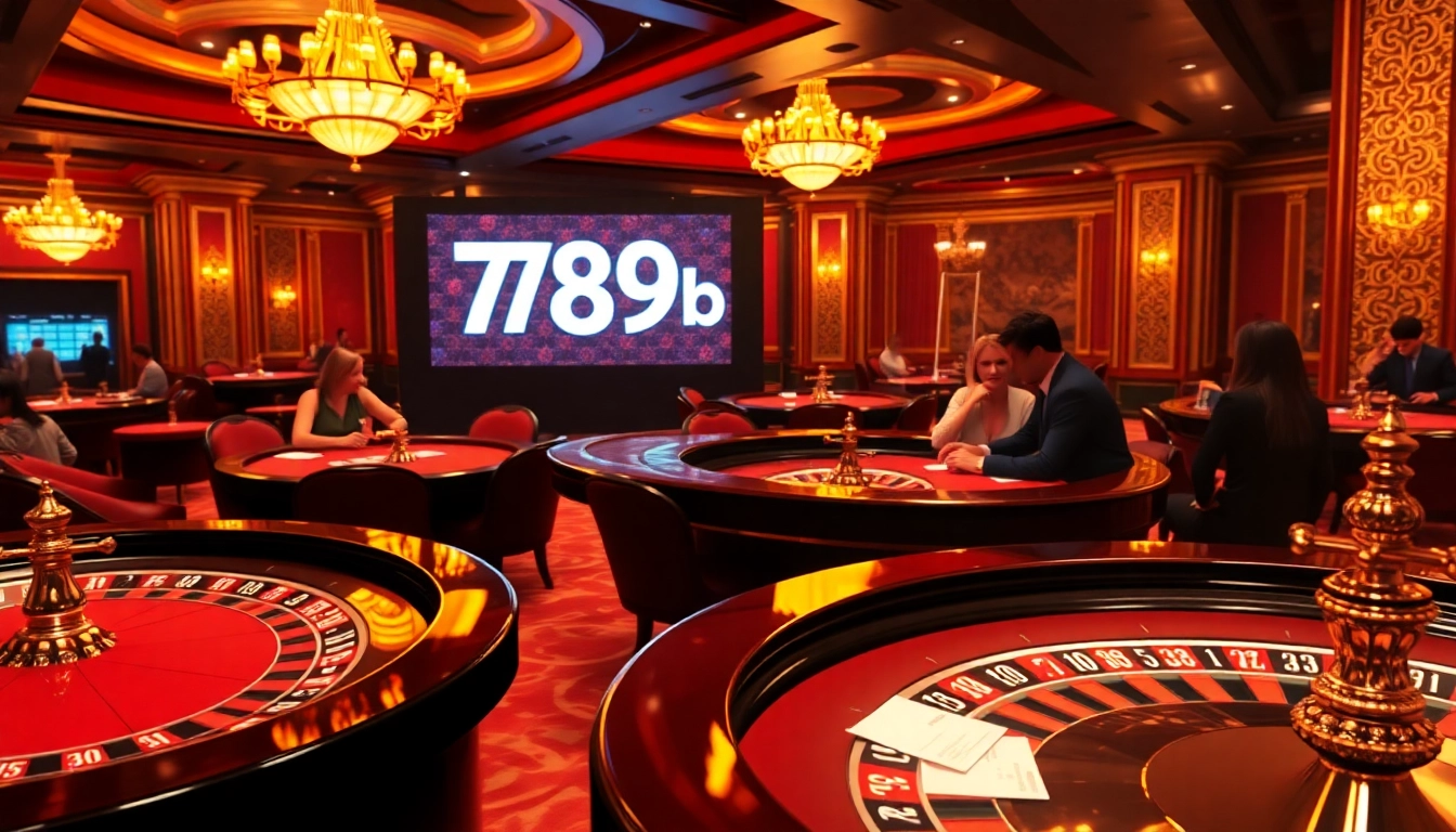 Players enjoying high-stakes casino games at 789b, with vibrant poker chips and roulette wheels featured prominently.