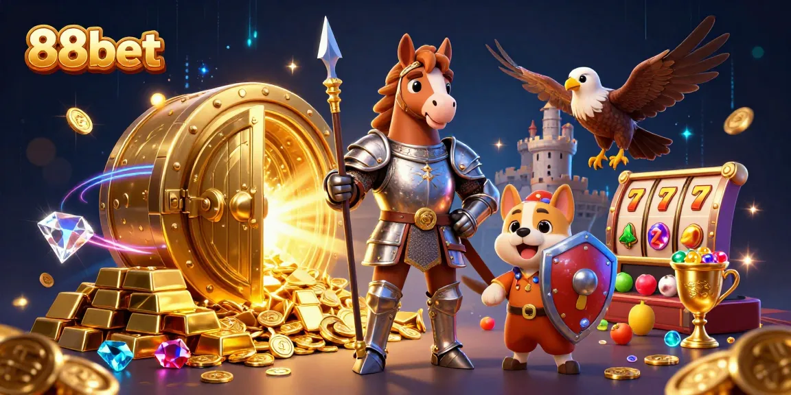 Engage in thrilling battles at 88bet with medieval knight characters surrounded by dynamic casino elements.