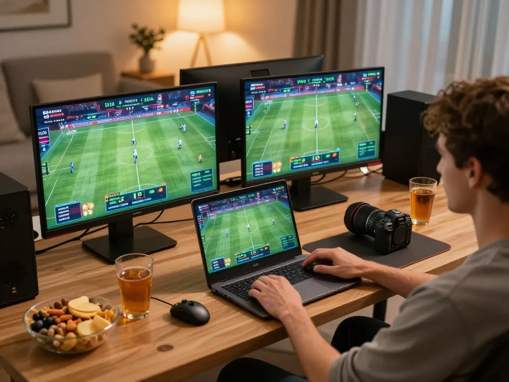 Engaging in sbobet sports betting on a laptop at a cozy home setup with drinks and snacks.