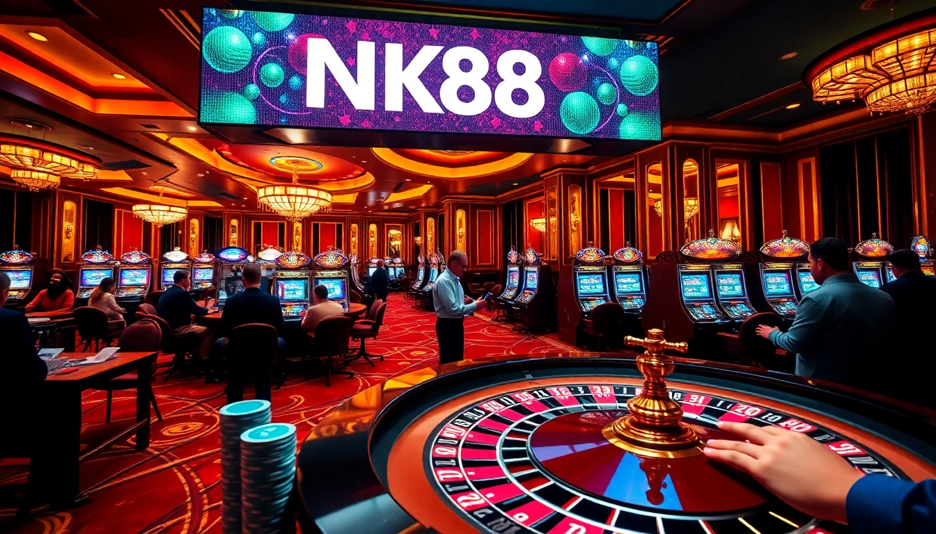 Engaging players around a roulette table with casino excitement, featuring NK88 prominently.
