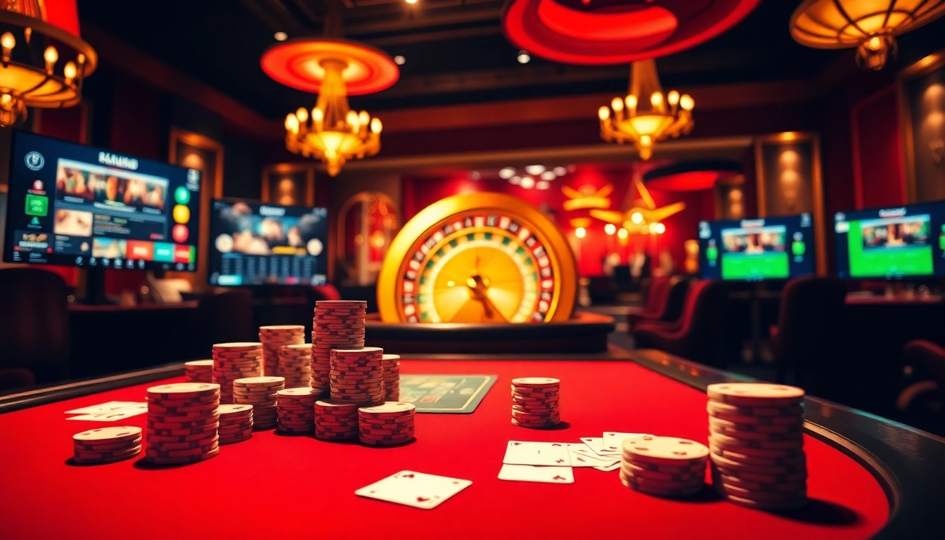 Experience thrilling online gambling with https://icm88.com/ban-ca-cm88/: A vibrant casino scene with poker chips and roulette.