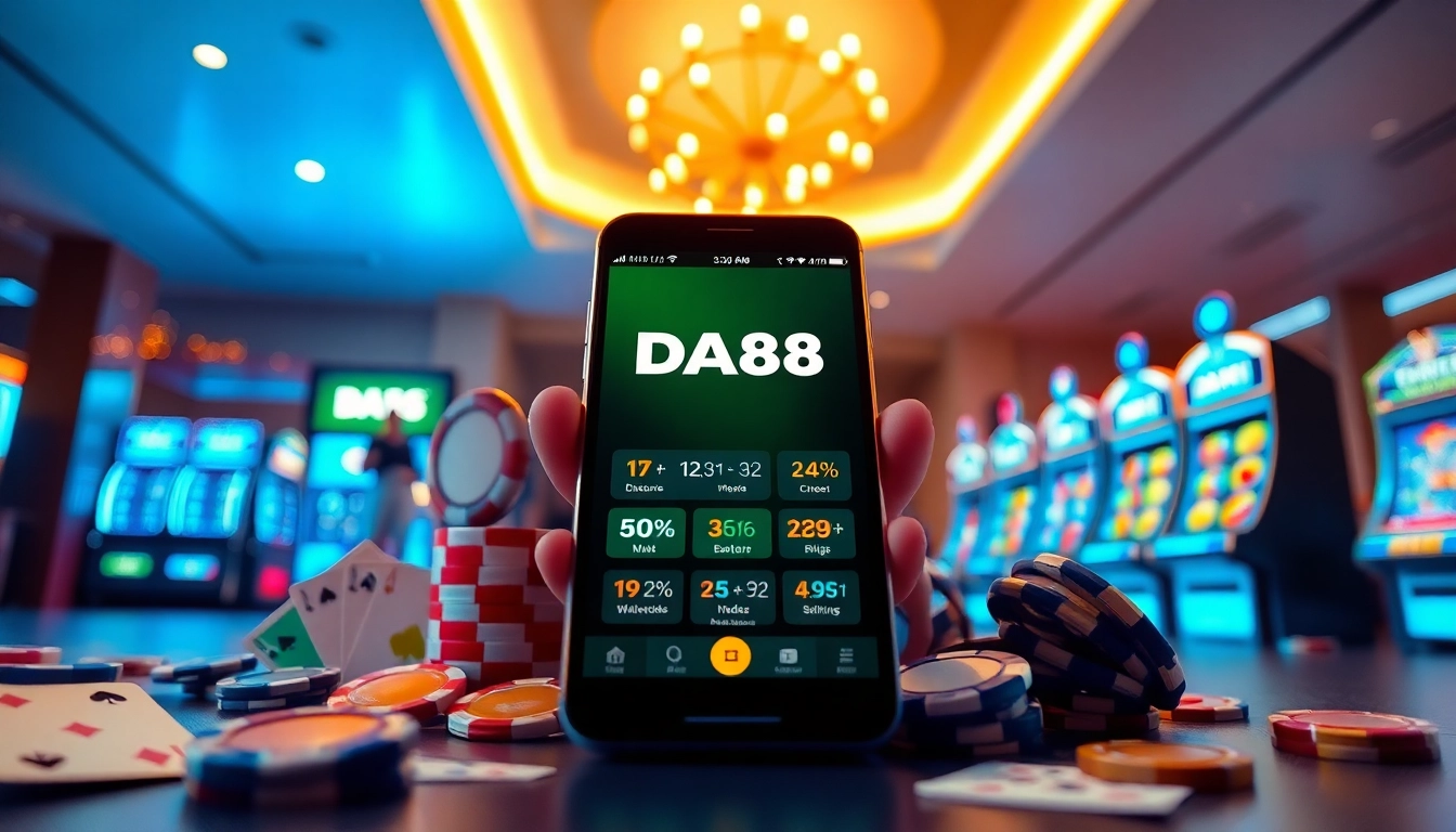 Tải App Da88 showing gaming interface with poker chips and cards