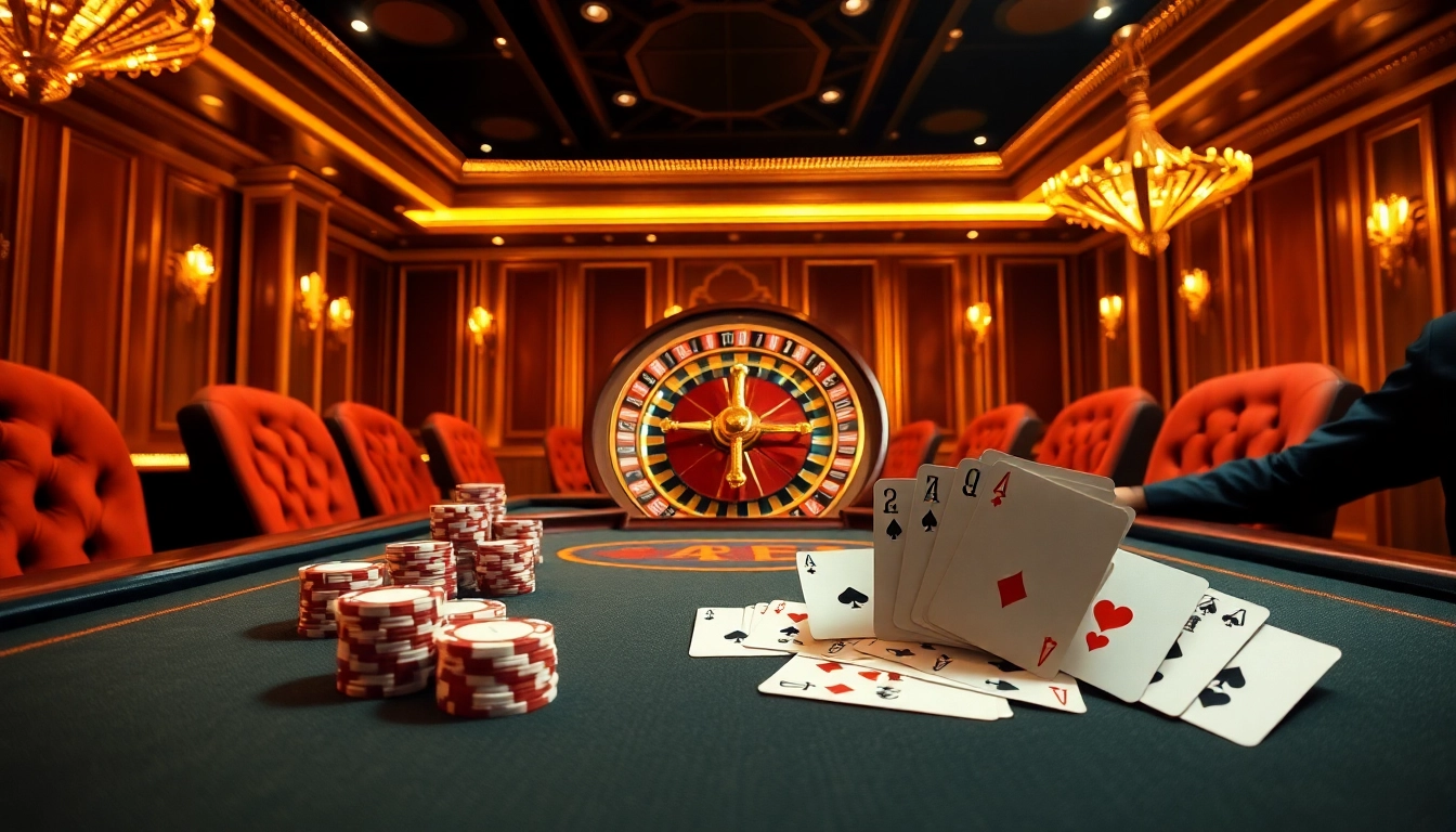 Engaging players in TR88 Game at a luxurious casino table with roulette wheel and poker cards.