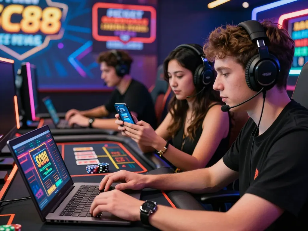 Exciting gaming atmosphere at SC88 where players engage in online betting through mobile and laptop interfaces.