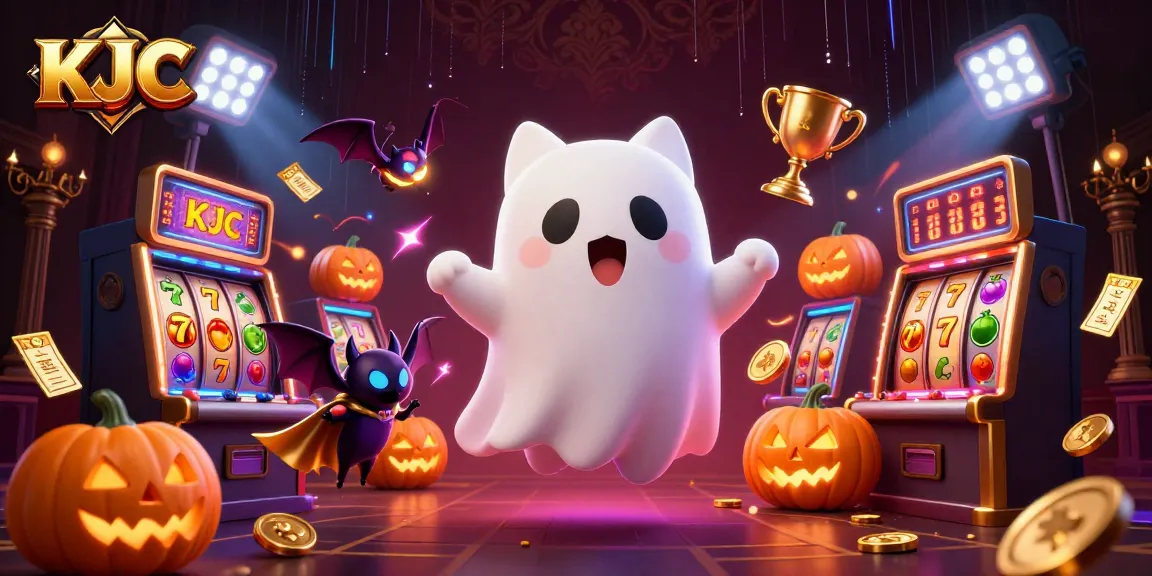 KJC brings life to the haunted casino with a friendly ghost cat and glowing elements in this interactive gaming scene.