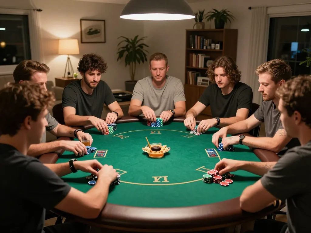 Experience thrilling home poker night with friends while playing F8 bet, showcasing an engaging game setup.