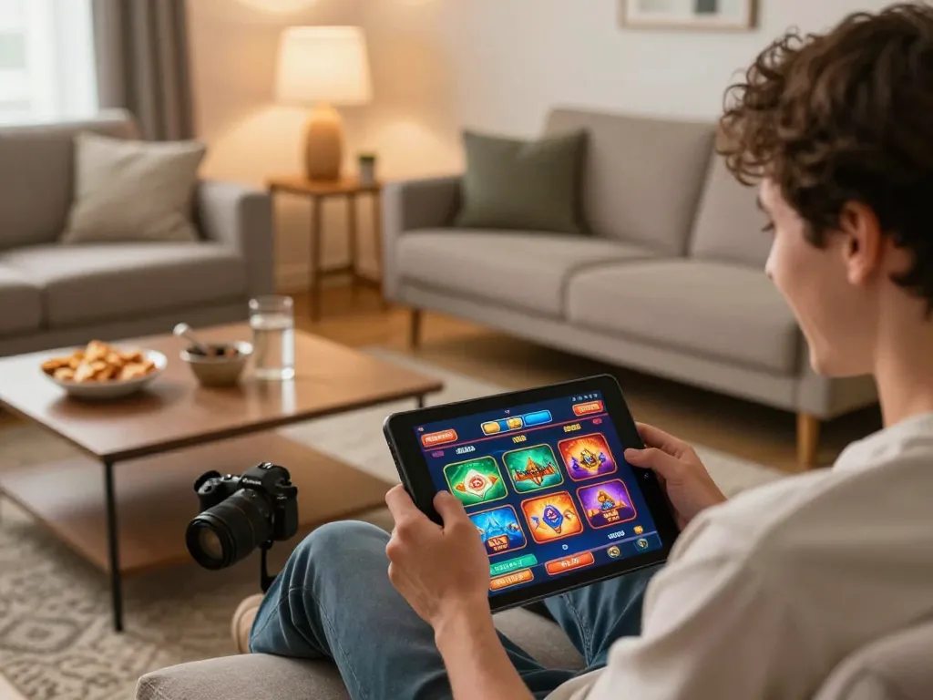 Engaged player enjoying TG88 online casino games on a tablet at home.