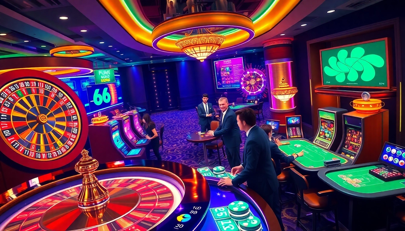 Exciting gaming environment on iq88 blog showcasing vibrant casino scenes with players at roulette and poker tables.