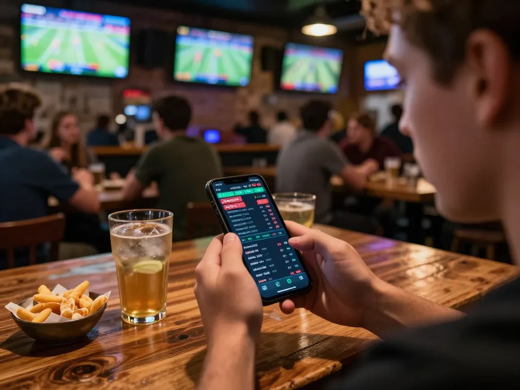 Engaging live sports betting moment on smartphone app showcasing Luckywin's real-time odds in a vibrant sports bar.