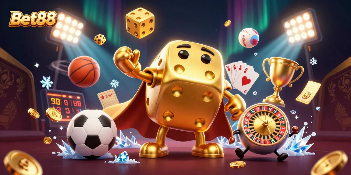 Enjoy thrilling casino action at Bet88 with a dynamic scene featuring golden dice and vibrant sports elements.