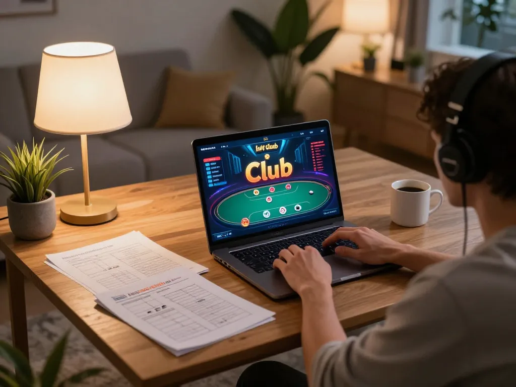 Player engaging in hitclub online poker with strategy notes in a cozy living room