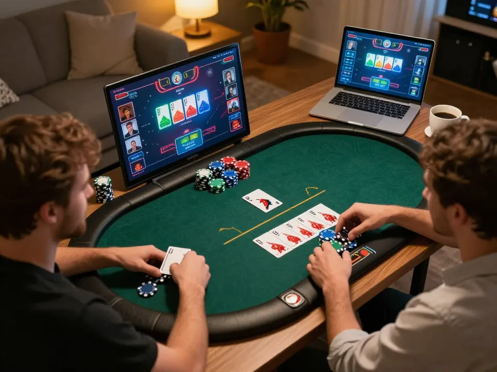 Engaged players at https://rr88.gratis/ enjoying an exciting online poker game in a cozy home office.