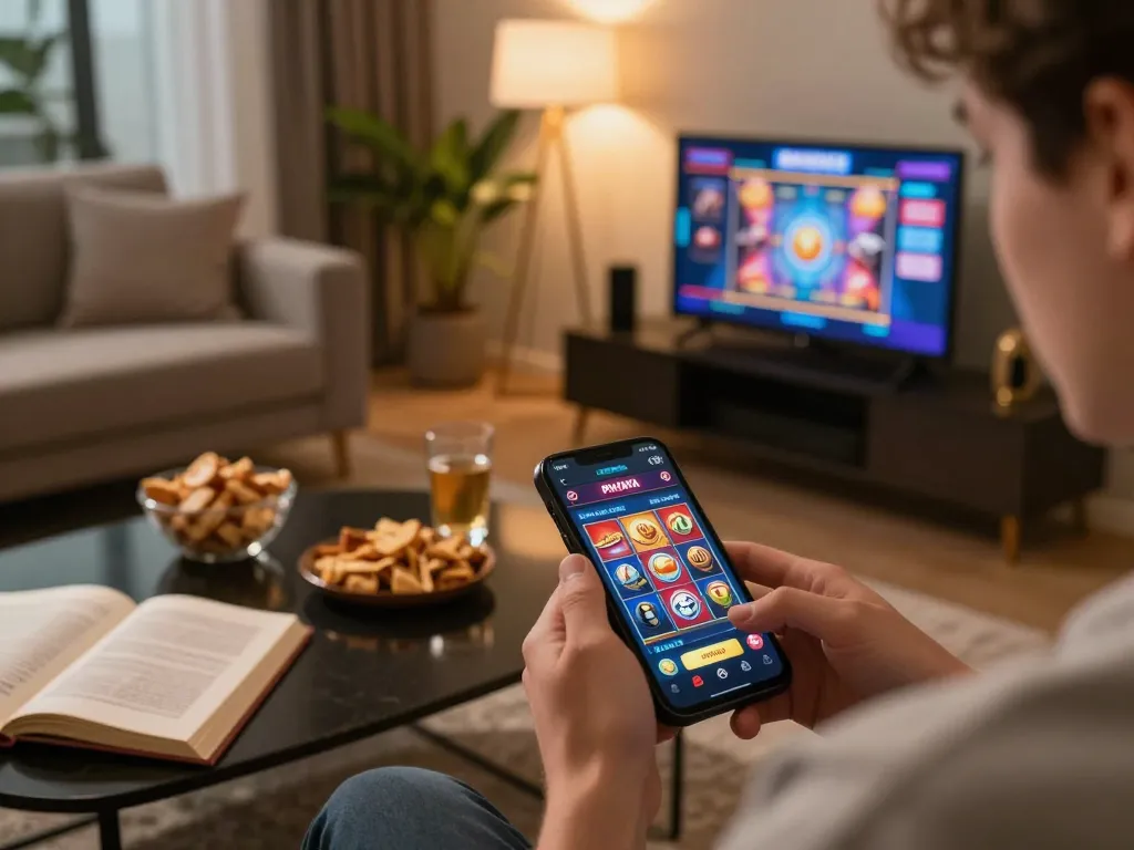 PHTAYA app experience on smartphone during engaging online gameplay in a cozy setting