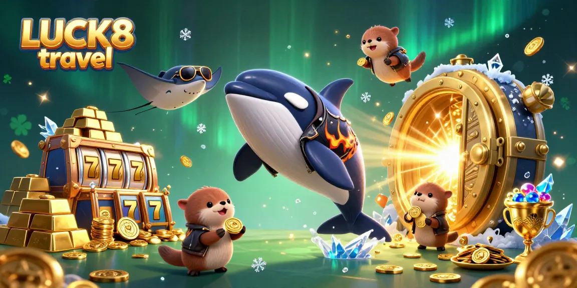 Experience LUCK8 travel excitement through a vibrant casino scene with engaging characters and dynamic elements.
