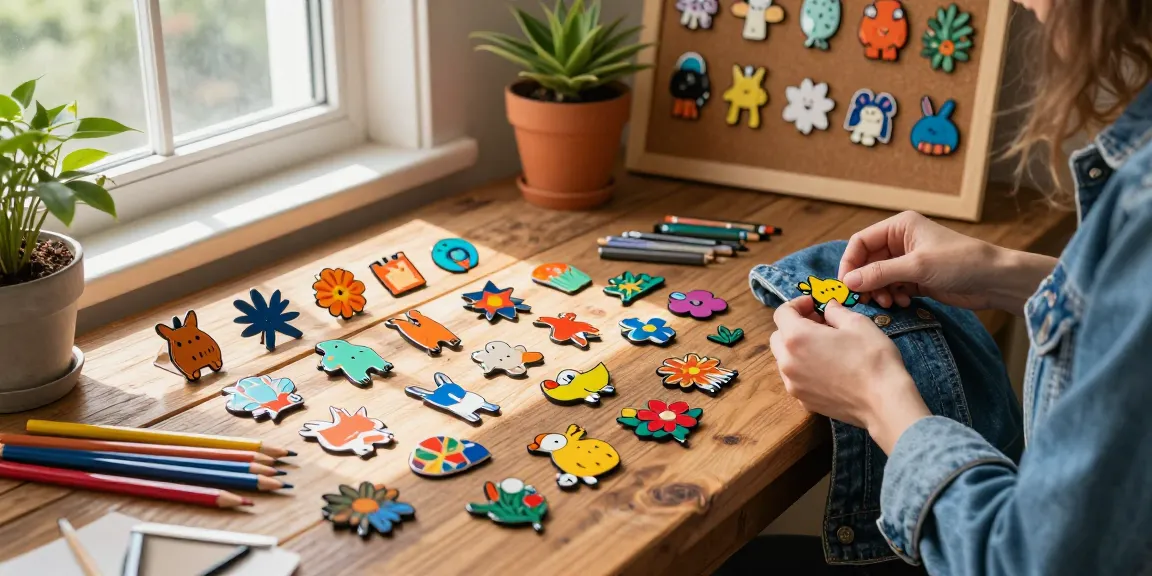Custom acrylic pins displayed on a wooden table, colorful designs showcased, highlighting creativity and personal expression.