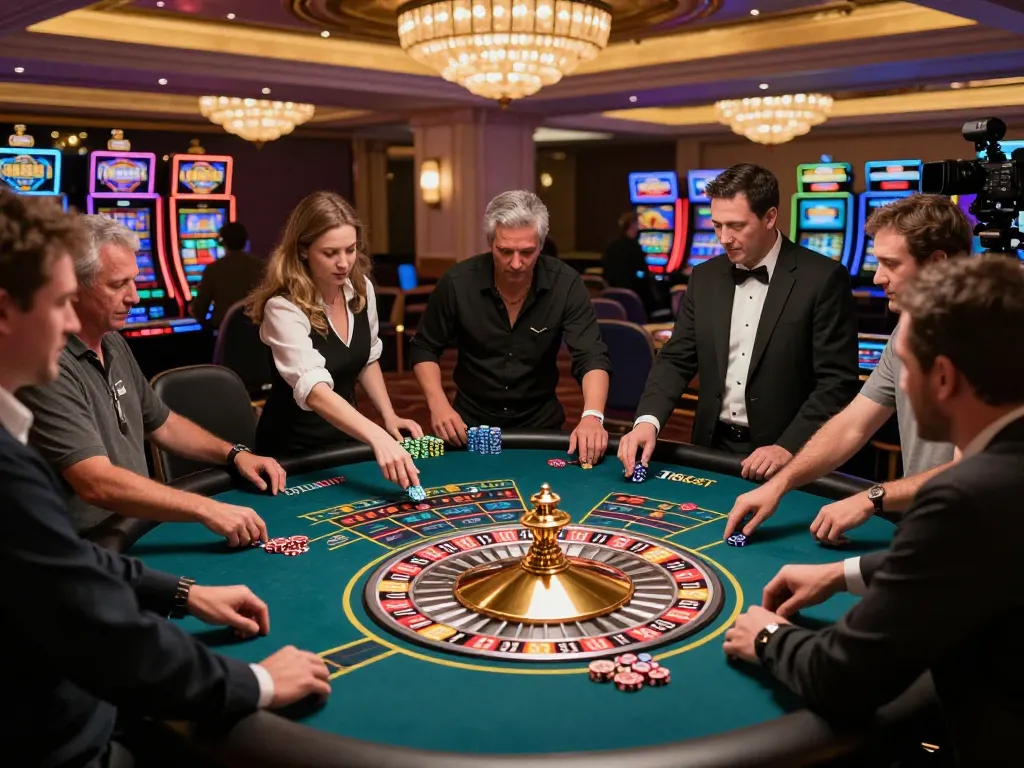 Players placing bets at a roulette table in a luxurious casino atmosphere at F168BET