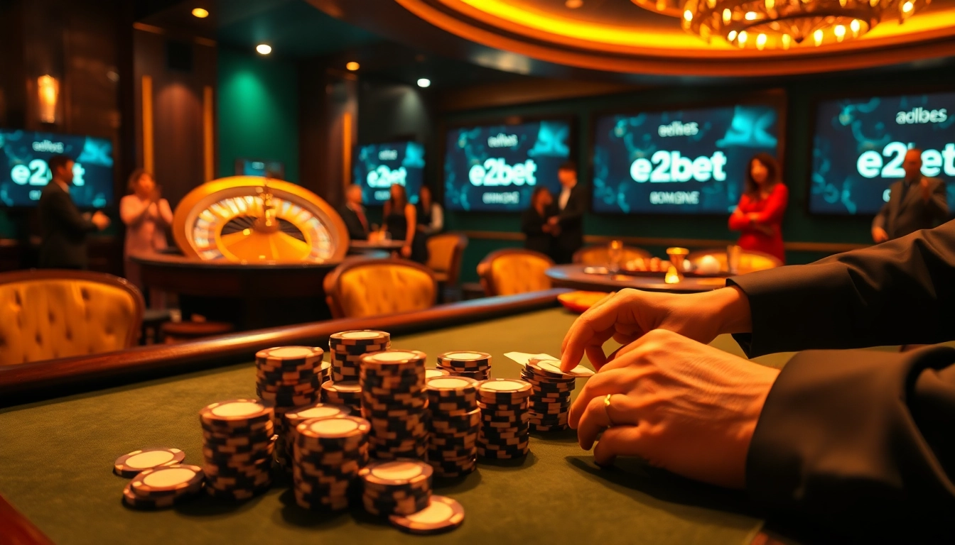 E2bet poker scene with high-stakes action, showcasing colorful chips and a roulette wheel.