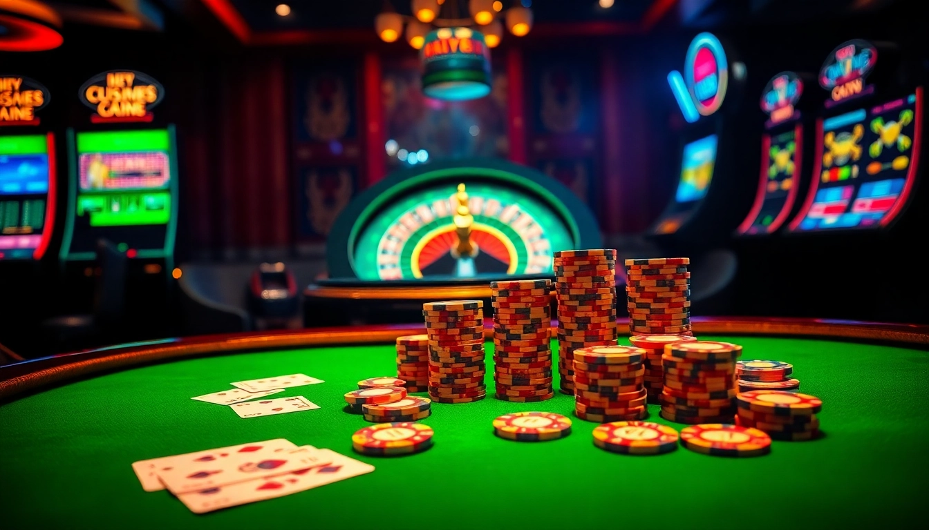 Experience thrilling gameplay at xin88 with a luxurious casino setup featuring poker tables and roulette wheels.