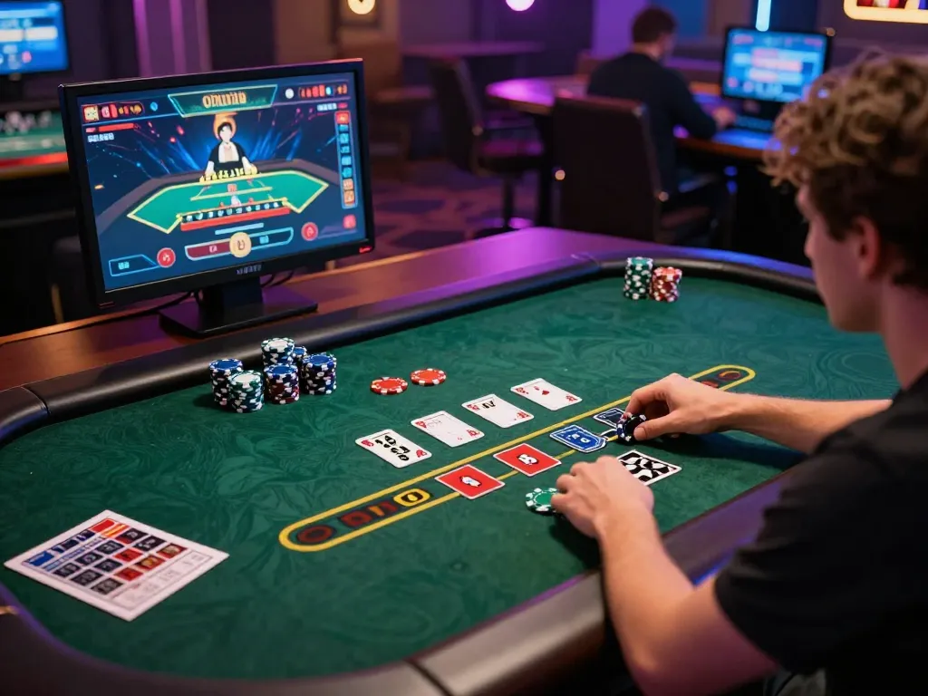 Engaged player strategizing at nhà cái NK88 online blackjack table with colorful chips and gaming setup.