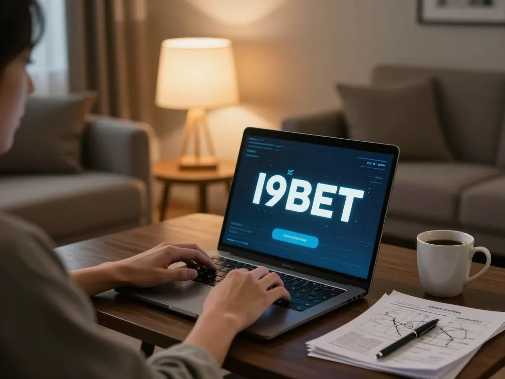 I9BET user enjoying online gaming experience on laptop with coffee and strategy notes.