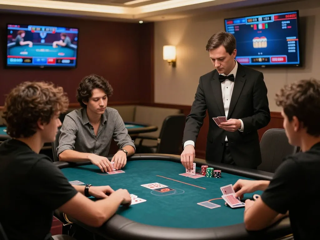 Experience 33winn with players engaged in a live poker game at an upscale online casino studio.