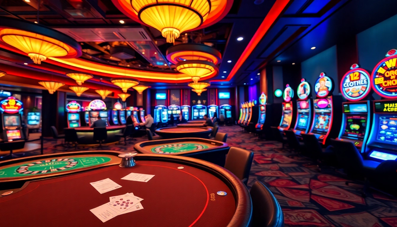 Players enjoying poker games and slot machines at thabet.com casino.