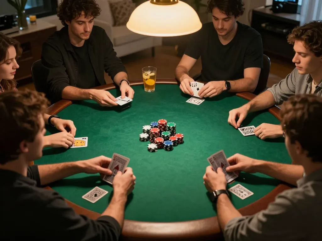 Five88 poker night scene with friends playing cards and engaging in strategic gameplay.