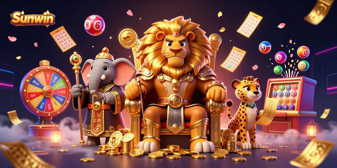 Join the thrilling action at Sunwin Casino with a vibrant scene of dynamic gaming elements and engaging characters.