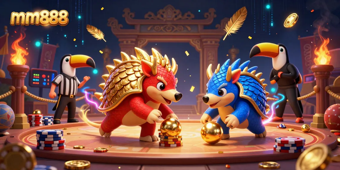 Experience thrilling betting action at mm888 with rival pangolins rolling golden balls through poker chips.