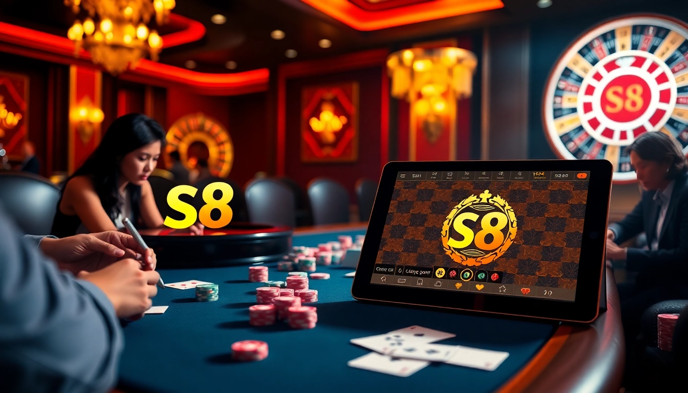 Cổng game S8 features an exciting casino poker scene with colorful chips and engaging players.