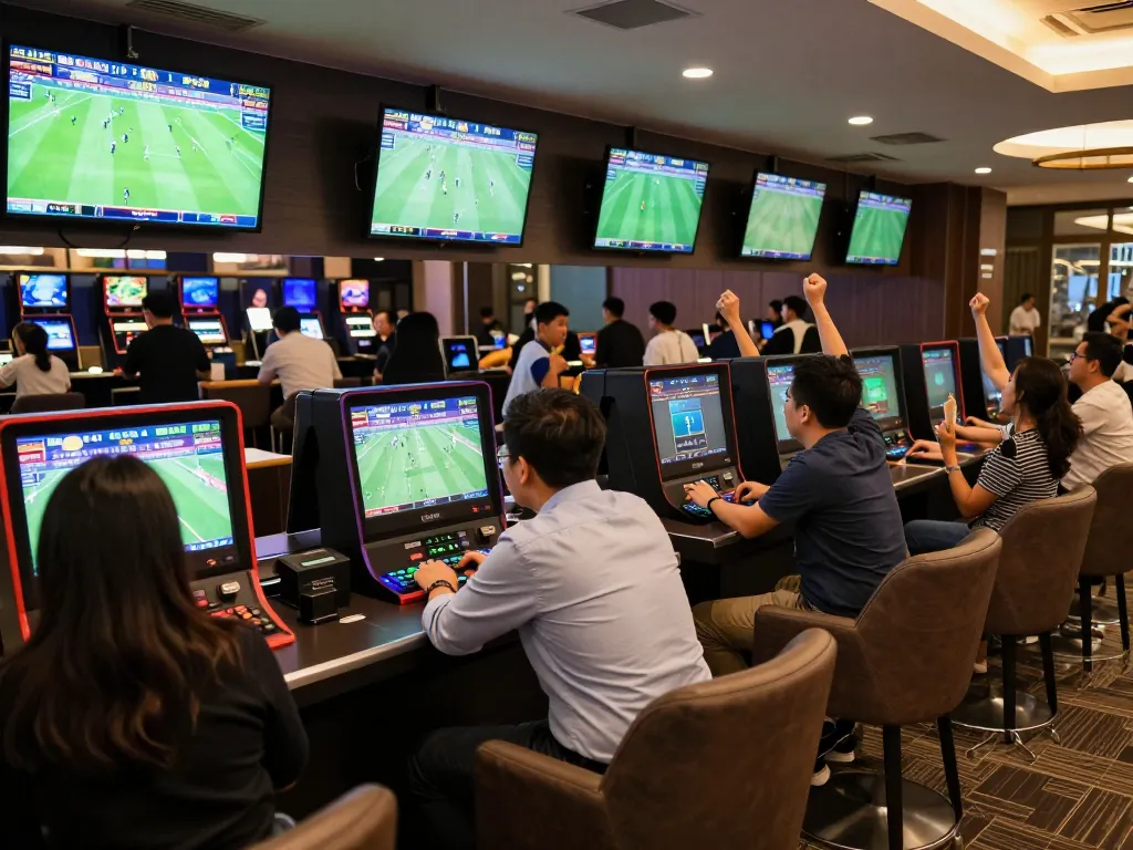 Excited bettors engaging in sports betting at nhà cái bóng đá 388bet with live match screens