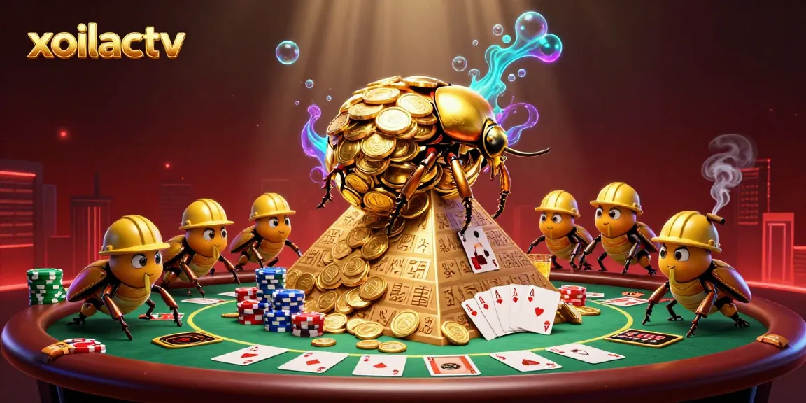 xoilactv enhances the gaming experience with vibrant 3D illustration of a golden dung beetle rolling coins.