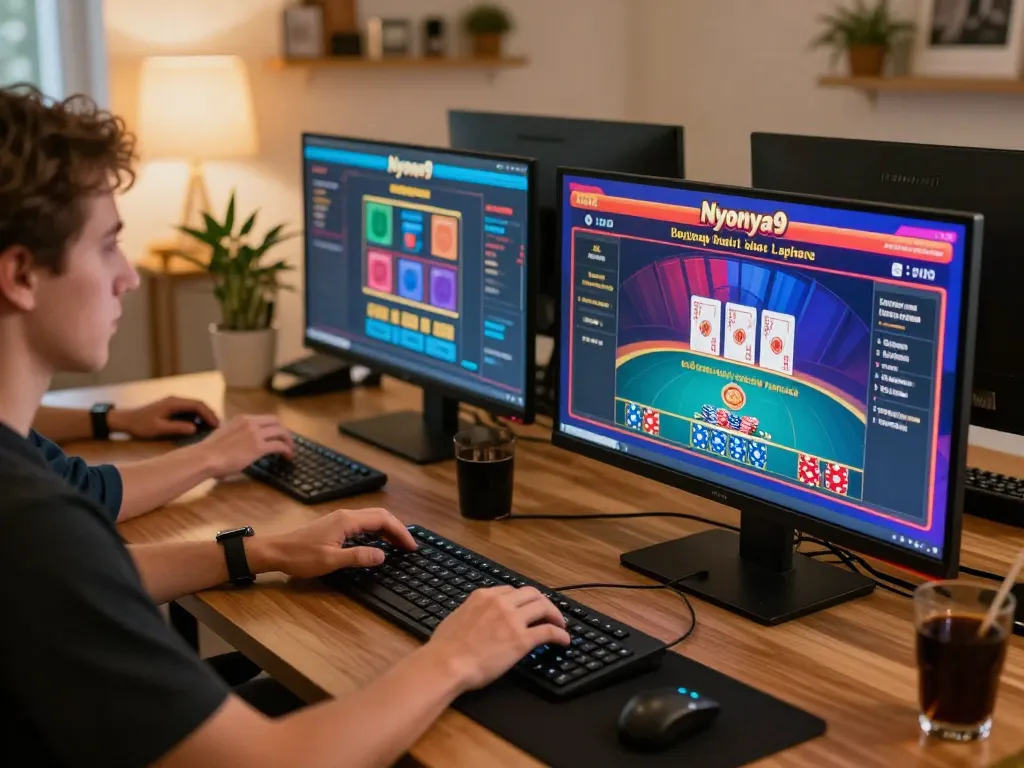 Nyonya9 online gaming session showcasing various games on multiple screens in a cozy home office