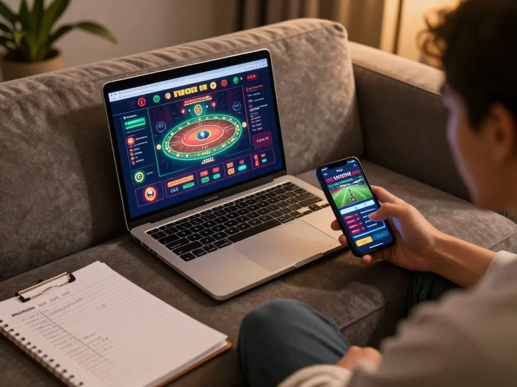 Engaging online gambling scene showcasing a user at https://rr88.navy/ on a laptop while exploring betting options with an inviting atmosphere