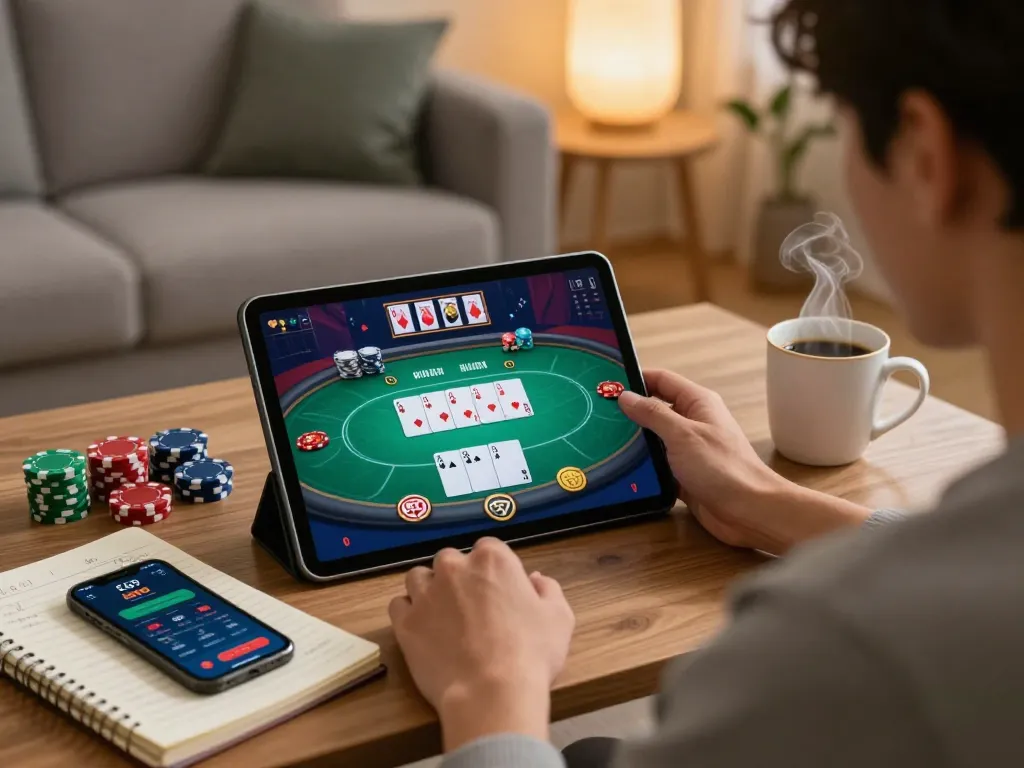 Player engaged in a poker game on EQ9 app at home, reflecting a relaxed gaming atmosphere.