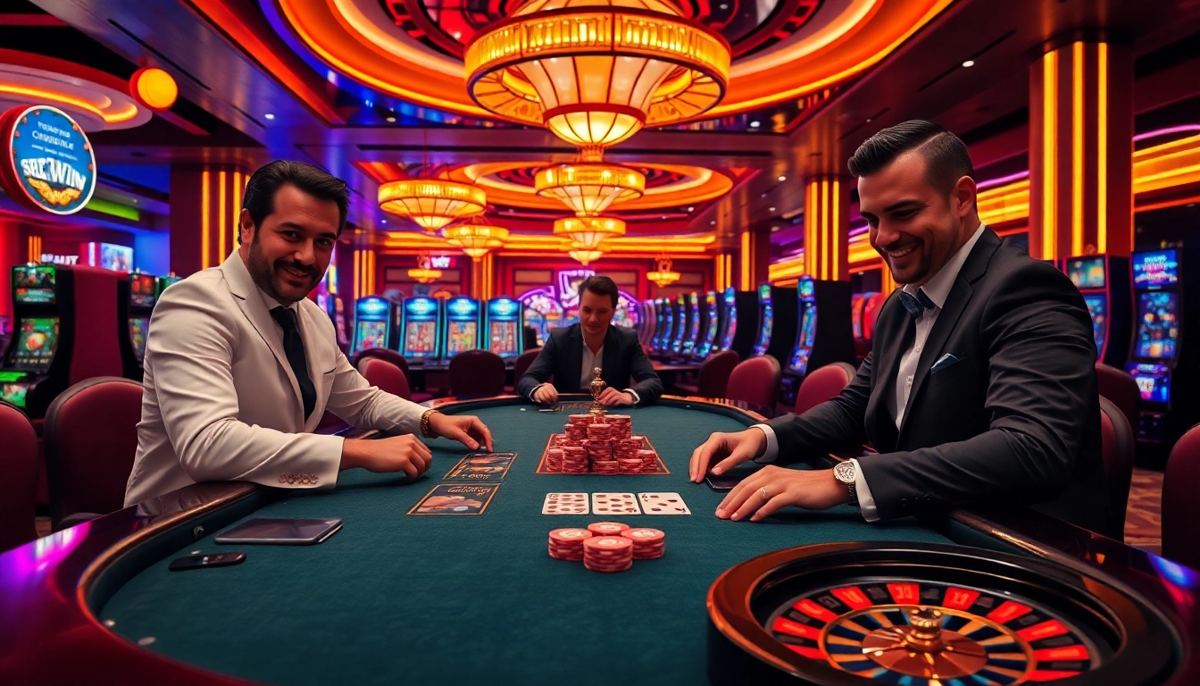 Experience high-stakes gaming at 32 WIN casino with professional poker players and vibrant slot machines.