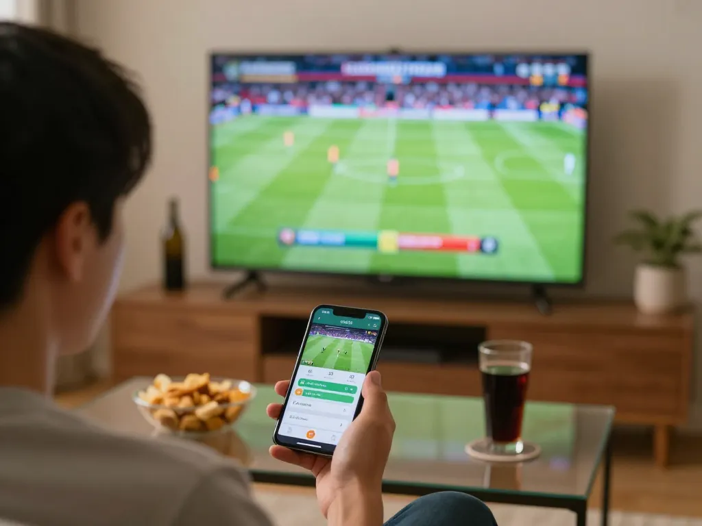 Kèo bóng đá betting enthusiast placing bets on mobile app while watching live match in cozy home.