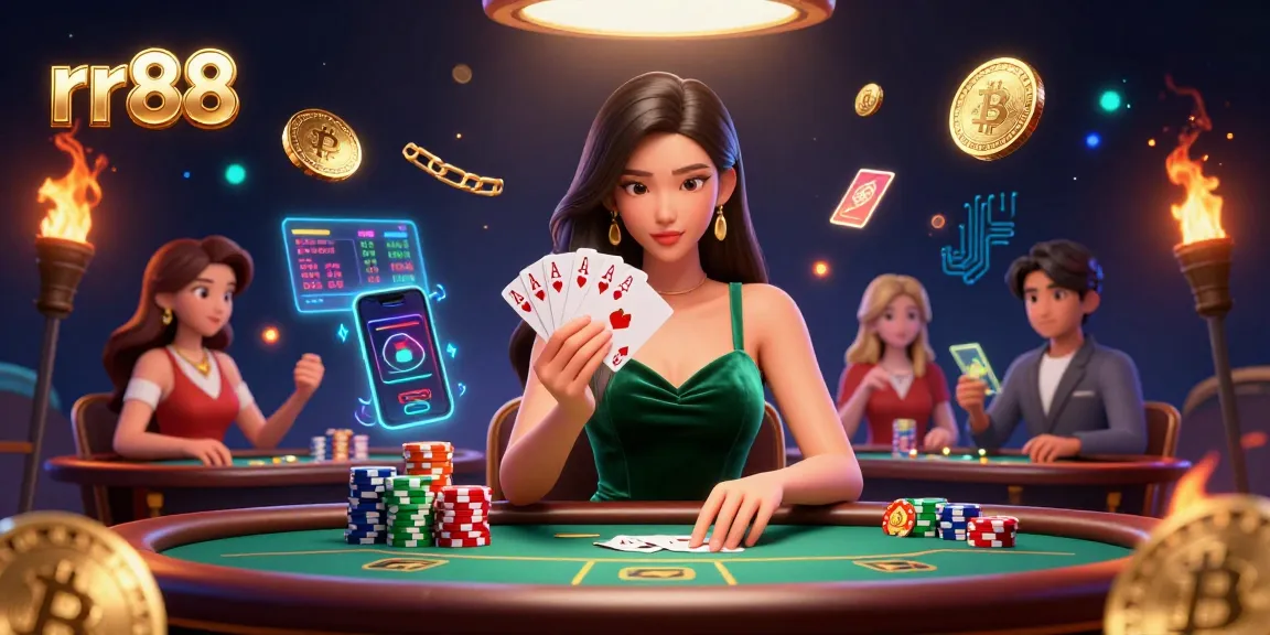 Play thrilling games at rr88 featuring a beautiful Asian woman at a poker table with vibrant casino elements.