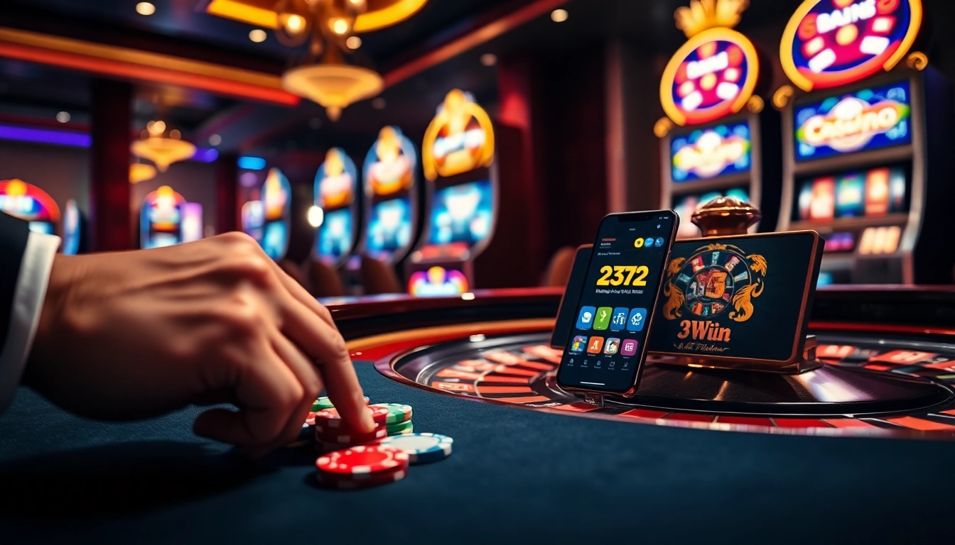 Experience the excitement of the 23win app with stunning casino visuals featuring vibrant roulette and poker games.