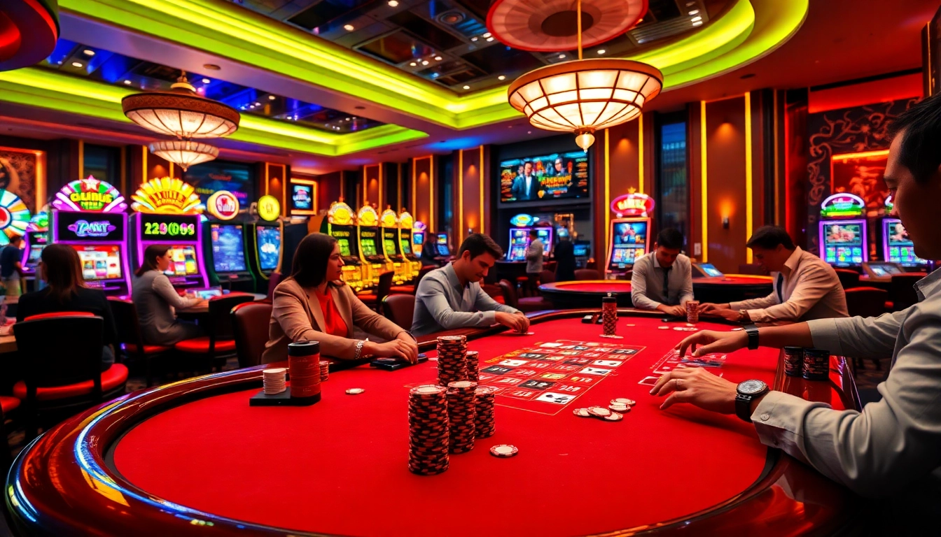 Exciting casino scene featuring poker players and slot machines at luck88 net.
