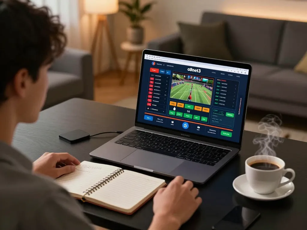Person engaged in online sports betting using the o8net3 platform, showcasing strategic preparation and a cozy home setting.