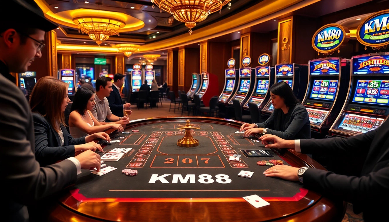 Players engaging in thrilling games at a luxurious KM88 casino table, surrounded by chips and cards.