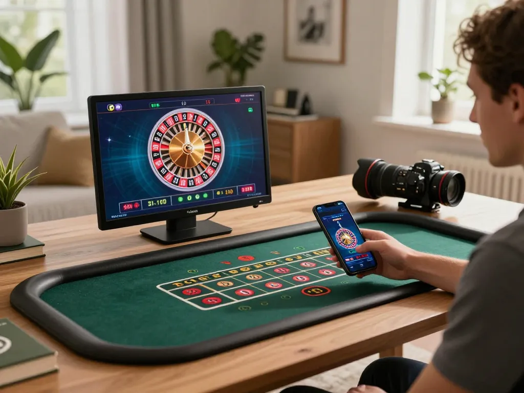 Kubet user engaging with online casino app on smartphone in a stylish home office setting