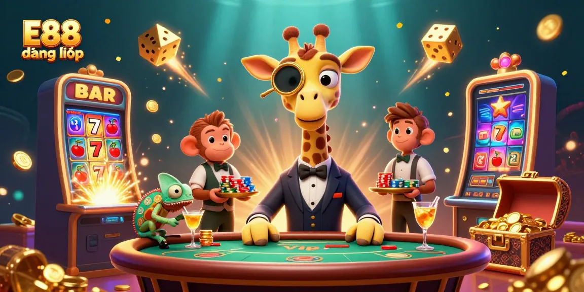 Engage in the thrilling E88 đăng nhập experience featuring a high-roller giraffe on a vibrant casino scene.