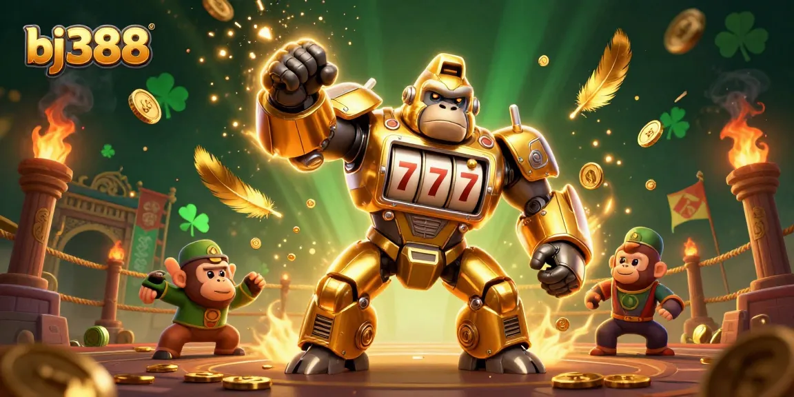 Bet big with bj388 in a vibrant, dynamic 3D casino scene showcasing winning mechs and festive elements.